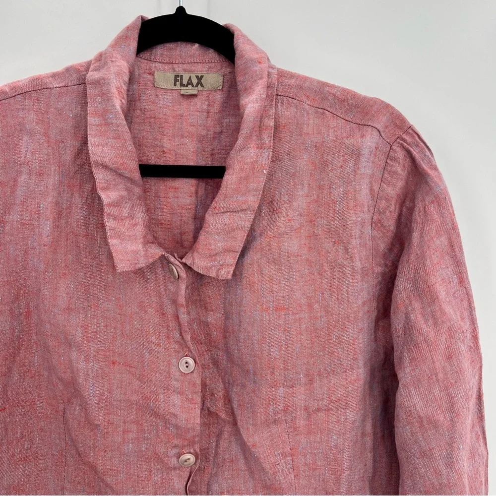 Flax 100% Linen Button Down Peplum Shirt Blouse Top Heathered Pink M Pleated - Picture 2 of 10
